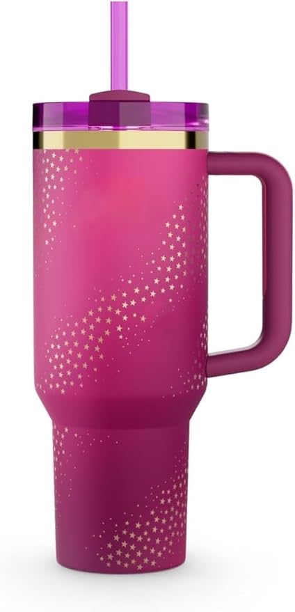 Lifestyn Metallic Pink Insulated Travel Tumbler with Handle & Straw