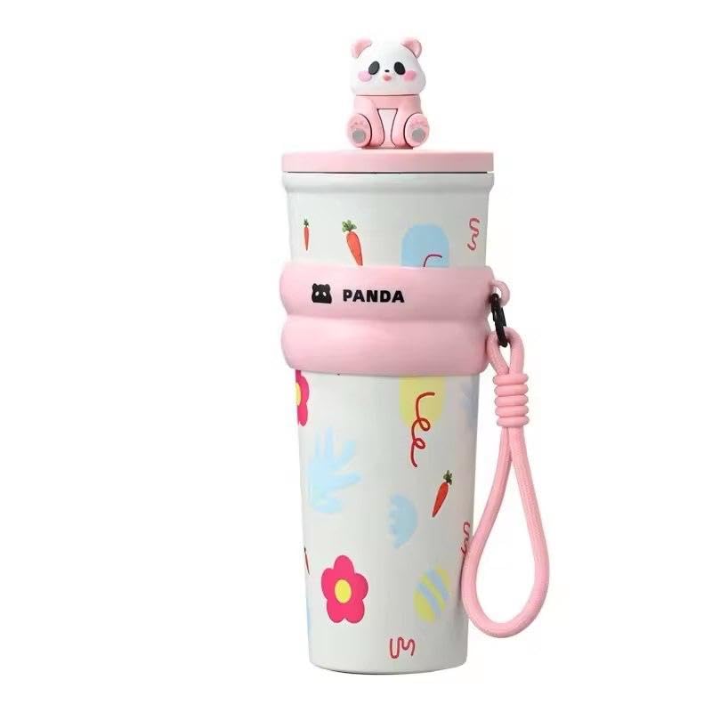 LifeStyn Panda Kids Insulated Water Bottle with Carry Strap