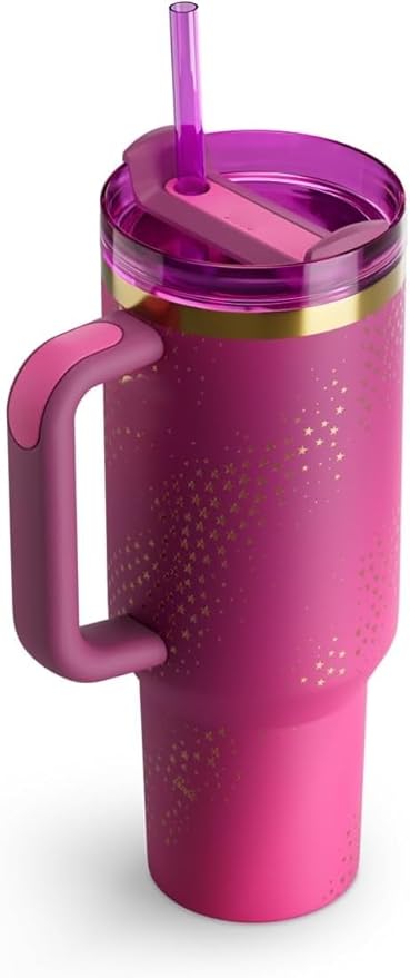 Lifestyn Metallic Pink Insulated Travel Tumbler with Handle & Straw