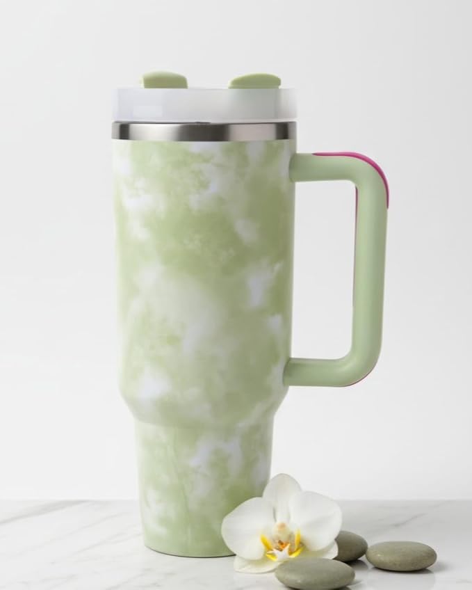 Lifestyn Green Marble Insulated Travel Tumbler with Handle & Straw