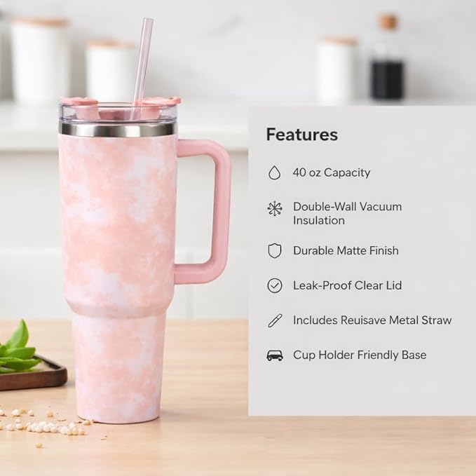 Lifestyn Marble Insulated Travel Tumbler with Handle & Straw