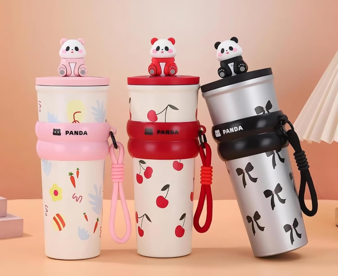 LifeStyn Cherry Panda Kids Insulated Water Bottle with Carry Strap