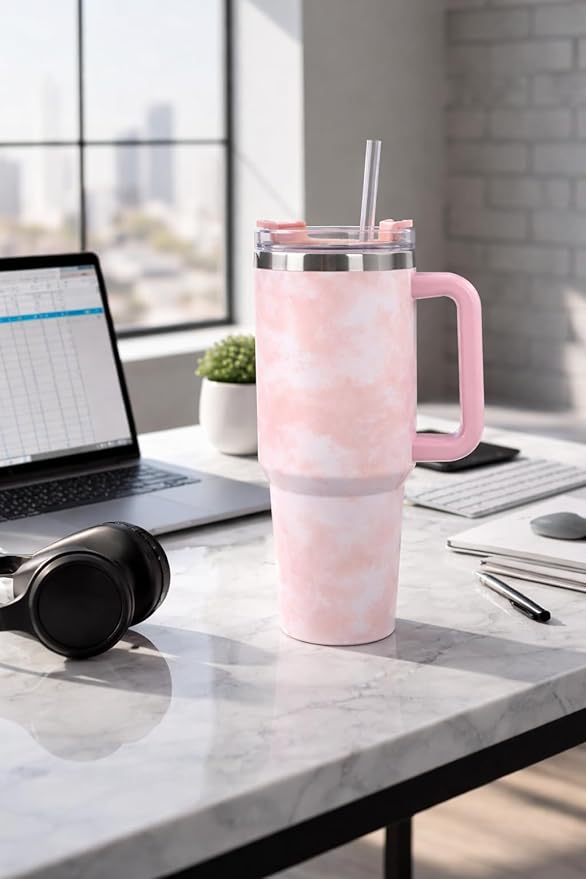 Lifestyn Marble Insulated Travel Tumbler with Handle & Straw
