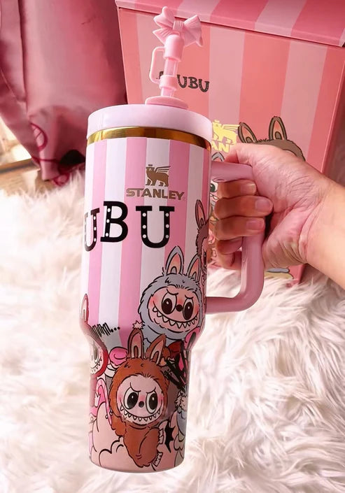 LifeStyn Labubu Pink Stripe Insulated Tumbler with Handle & Straw